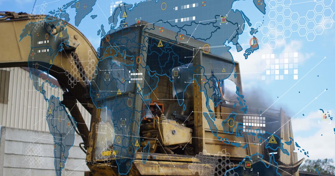 Digital World Map Overlay on Construction Machinery Operation