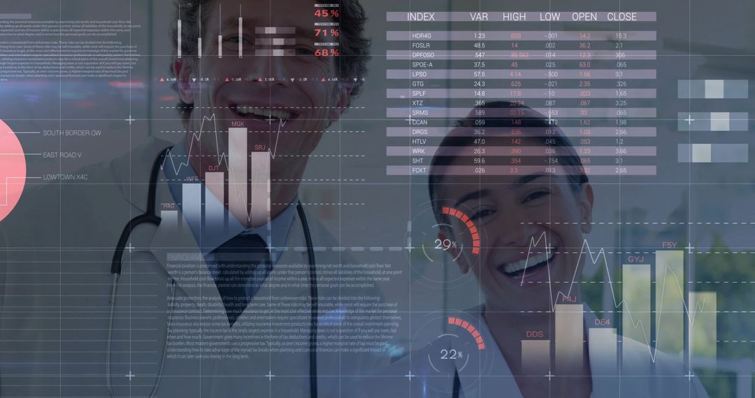 Smiling physicians collaborating with digital patient dashboards and clinical analytics