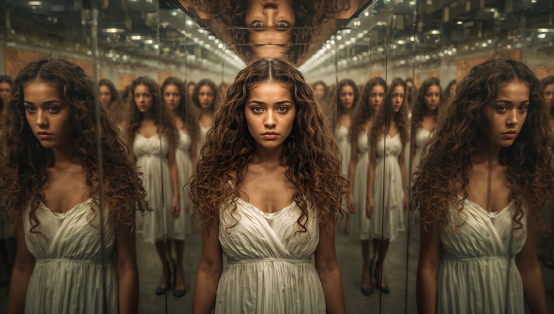 Woman Surrounded by Mirror Reflections in Mysterious Hallway