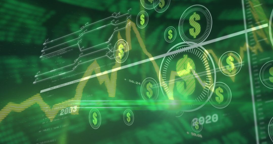 Digital Graphics Depicting Currency Symbols with Stock Market Data