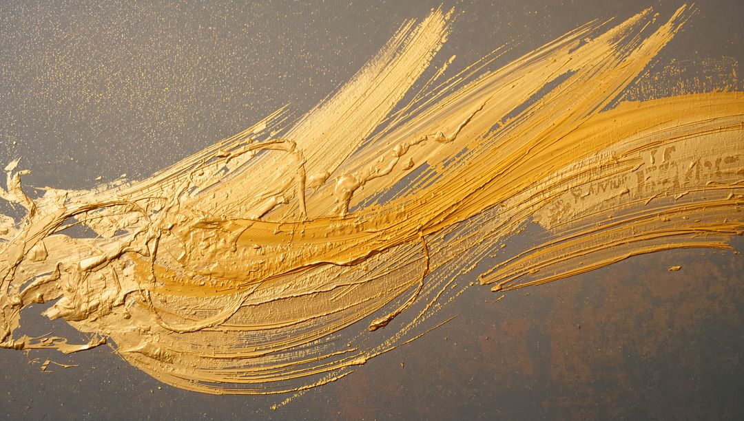 Sweeping Metallic Gold Impasto Brushstroke Across Gray Canvas Abstract Texture