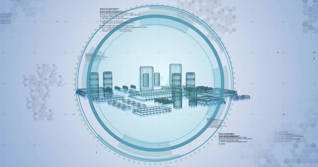 Futuristic Wireframe City Model with Digital Interface Overlay