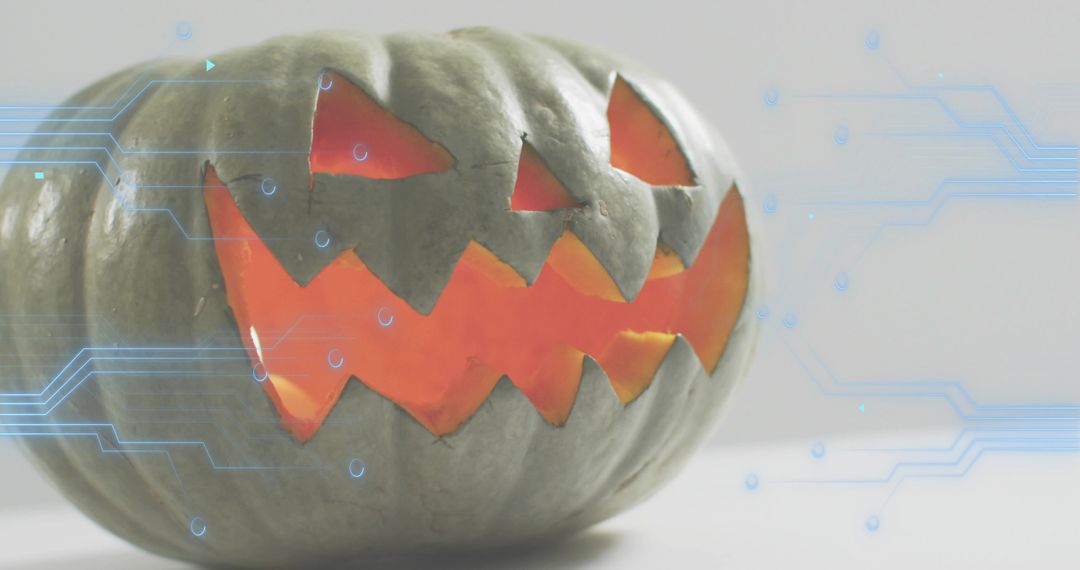 Glowing Jack-O'-Lantern Emitting Warm Light with Futuristic Circuit Overlay