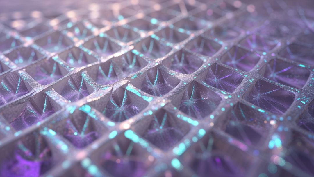 Futuristic 3D Shimmering Metallic Lattice Grid with Pyramidal Facets