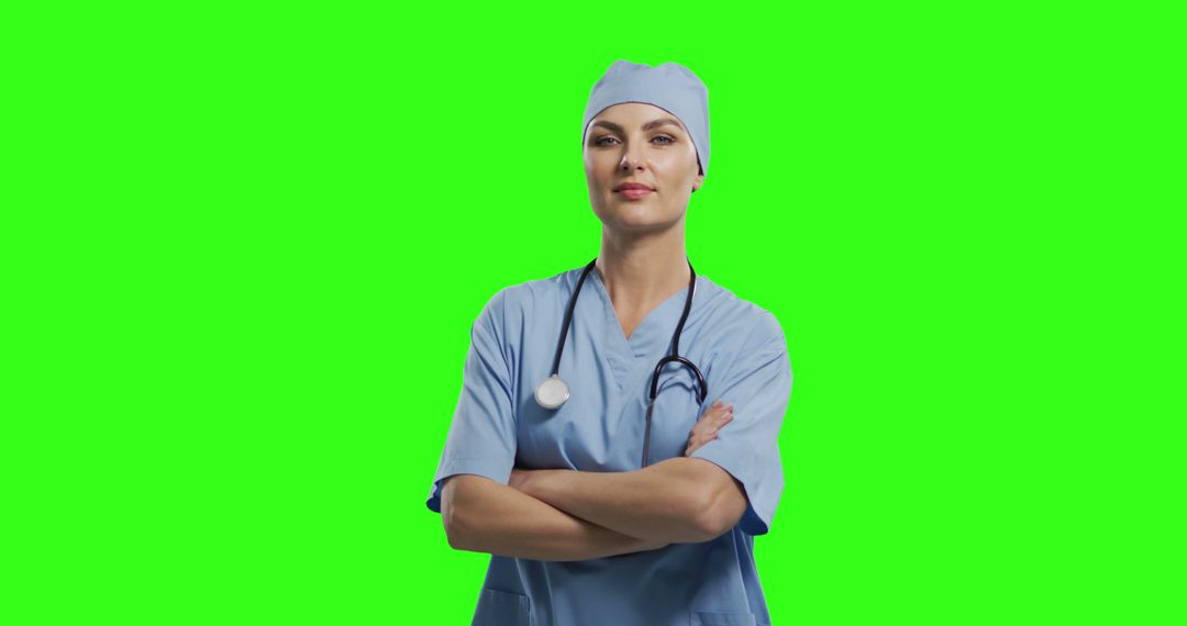 Confident Female Surgeon Wearing Scrubs and Stethoscope on Green Screen - Free Images, Stock Photos and Pictures on Pikwizard.com