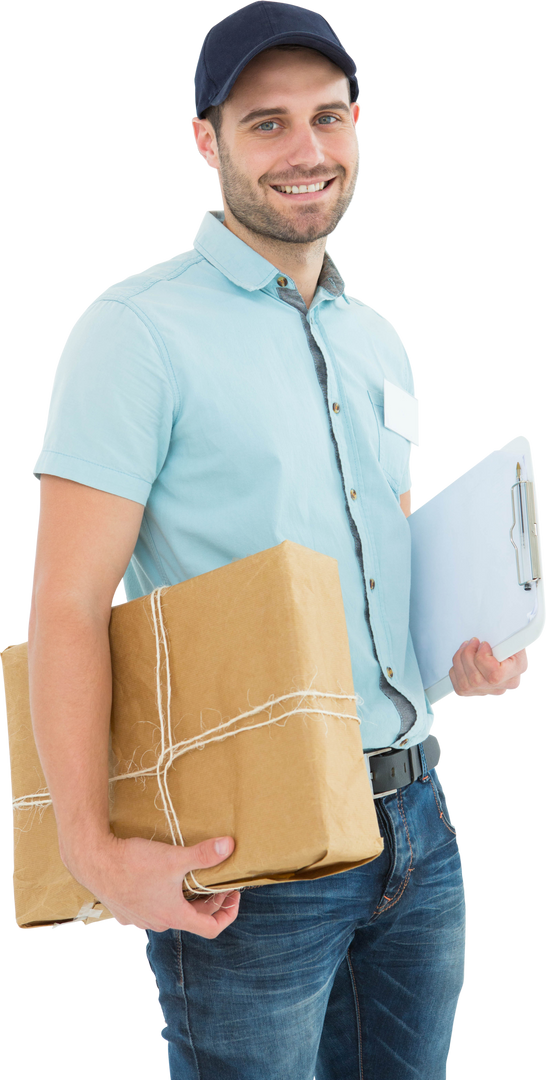 Transparent Background with Smiling Courier Holding Package and Clipboard - Download Free Stock Images Pikwizard.com