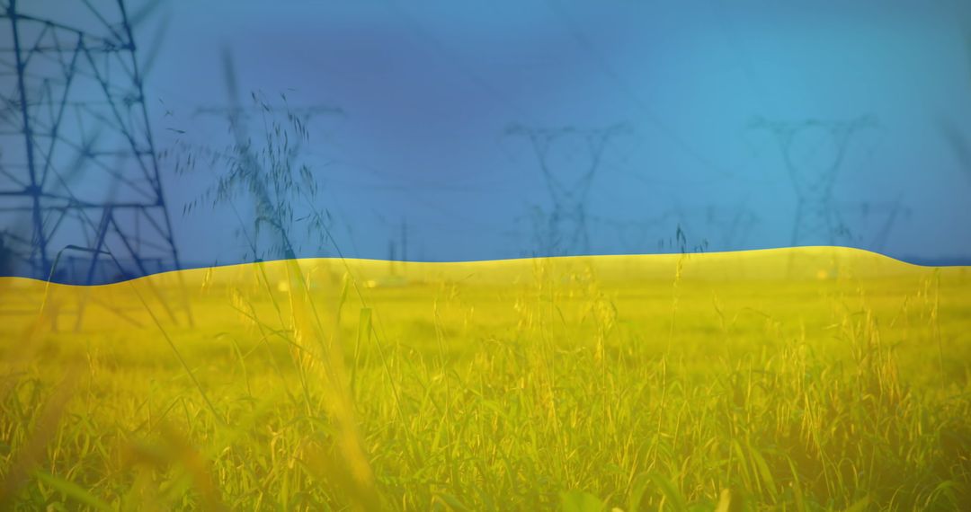Ukrainian Flag Overlay on Field and Power Lines Symbolizing Energy Crisis