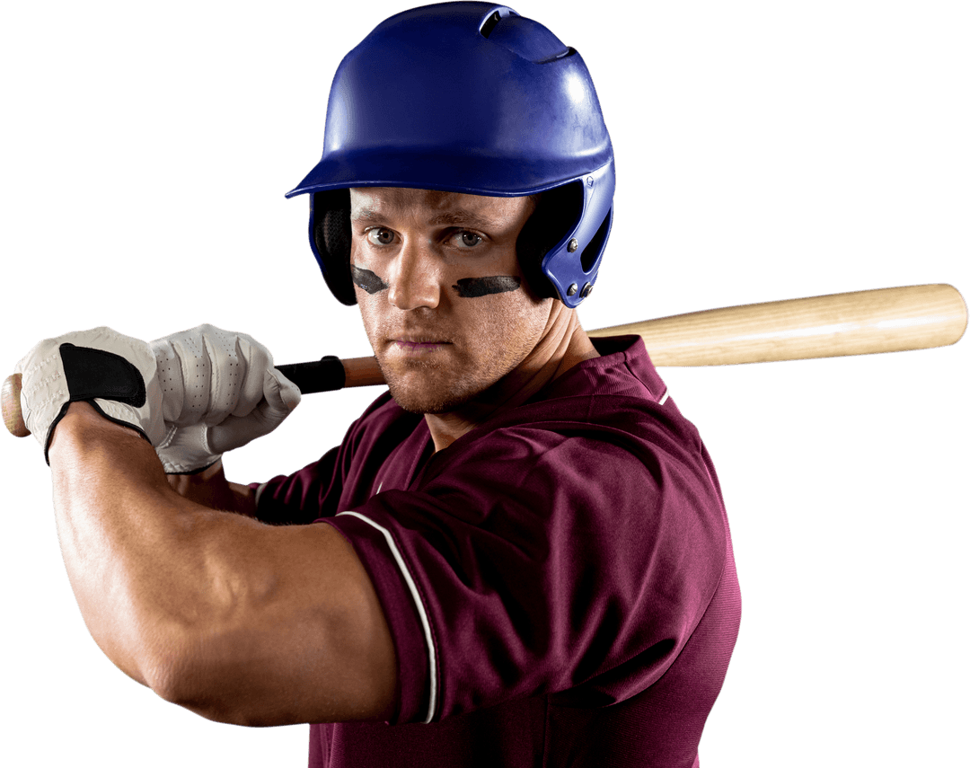 Caucasian Baseball Player in Blue Helmet Holding Bat with Transparent Background