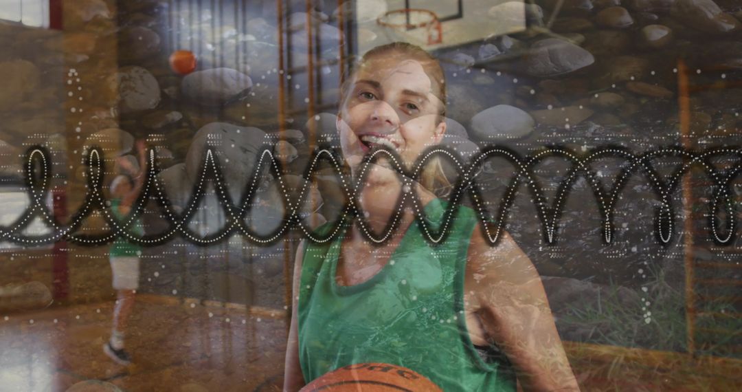 Smiling Athlete in Gym with Basketball and Artistic Waveform Overlay