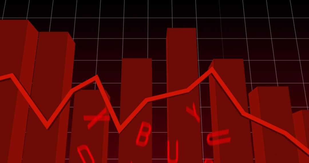 Red Market Downtrend Showing 3D Bar Chart with Jagged Line and Glowing BUY Letters