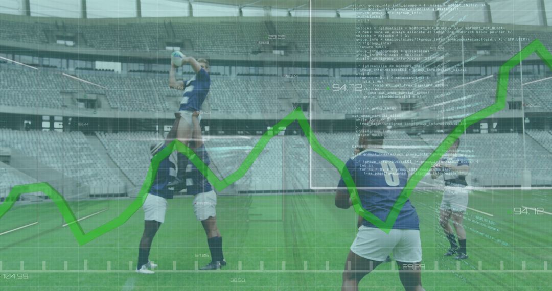 Rugby Players Practicing in Stadium with Overlaying Financial Graph - Free Images, Stock Photos and Pictures on Pikwizard.com