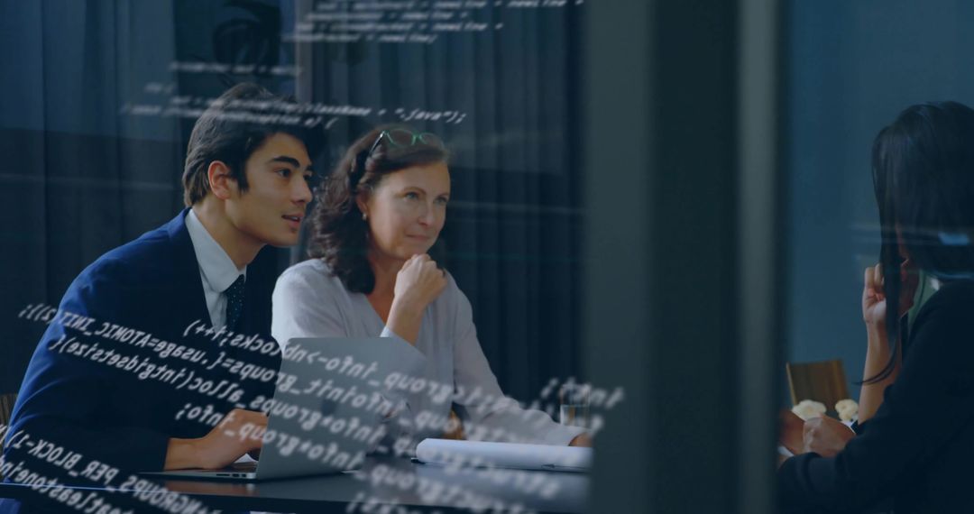 Team Collaborating in Modern Office with Digital Reflections