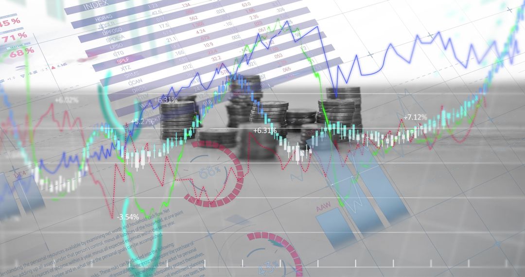 Financial Data Visualization Over Coin Stacks and Charts