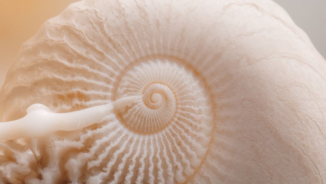 Pale spiral seashell macro showing concentric ridges and delicate growth lines texture
