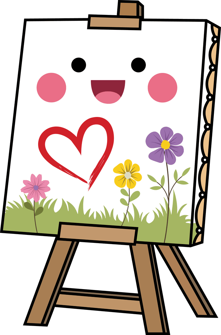 Playful Art Easel with Heart and Flowers, Transparent Background