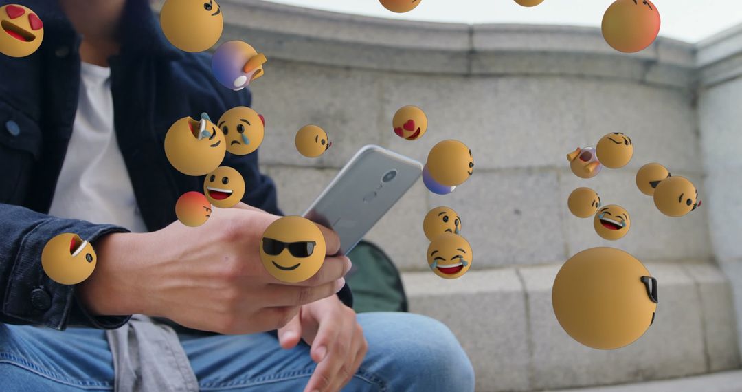 Floating Emojis Surrounding User Engaged with Smartphone Technology