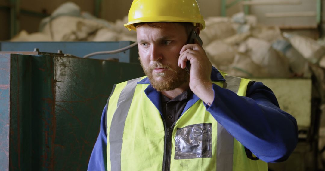 Construction Worker Talking on Cell Phone in Factory - Free Images, Stock Photos and Pictures on Pikwizard.com