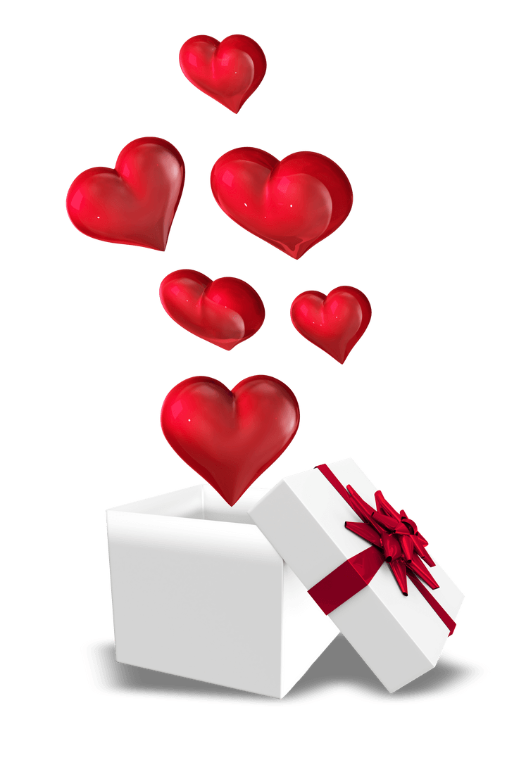 Floating Red Hearts Flying Out Of Open Gift Box With Transparent Background