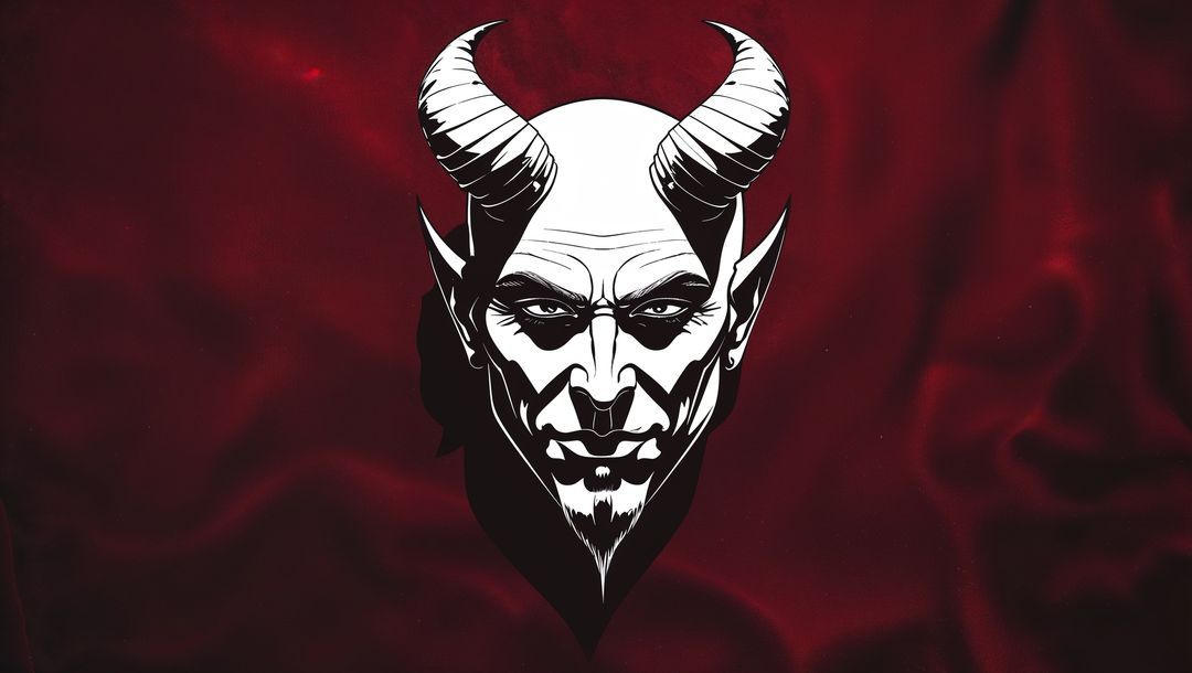 Mythical satan head floating against red background