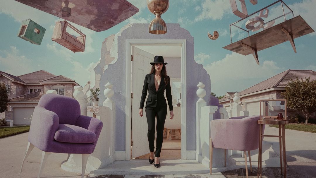 Surreal Woman in Black Suit Walking Through Artistic Floating Doorway