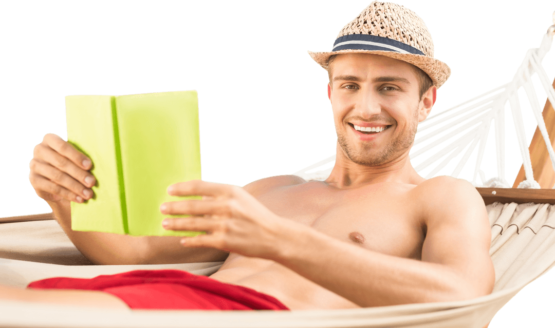 Transparent Summer Relaxation: Smiling Man Reading in Hammock