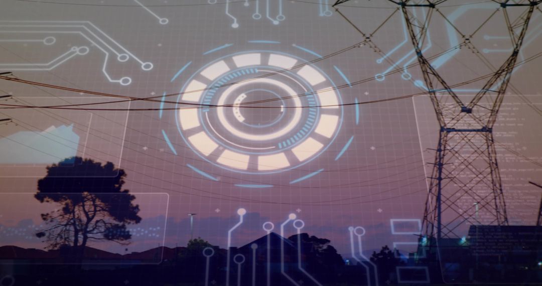 Transmission Tower over Horizon with Digital Overlay at Dusk