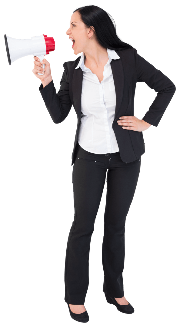 Confident Businesswoman Shouting with Megaphone Transparent Background