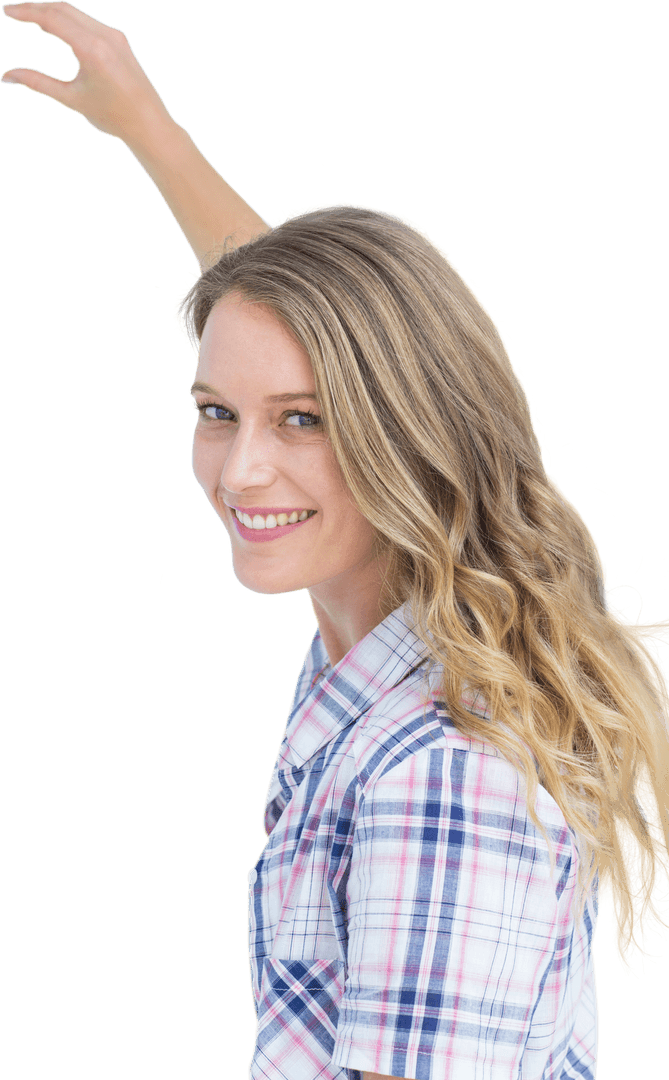 Smiling Woman Pointing with Hand in Transparent Background