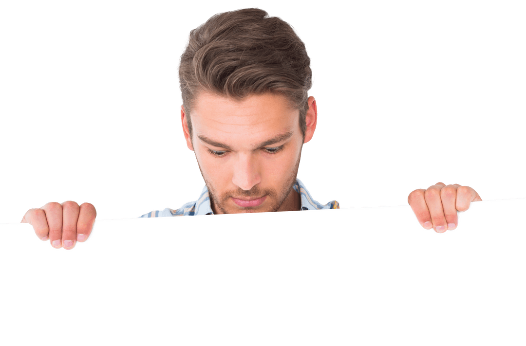 Transparent Sign Man Looking Down Showing Ad Display