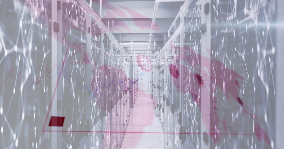 Digital Interface with Graphs and Coronavirus Overlay in Server Room