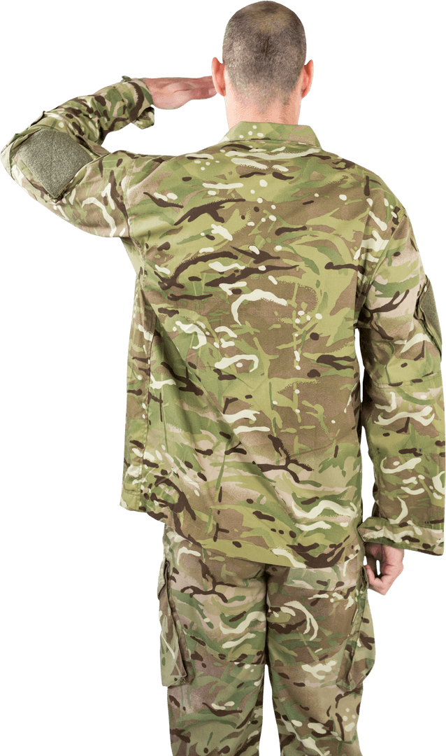 Transparent Soldier Saluting Rear View in Camouflage Uniform