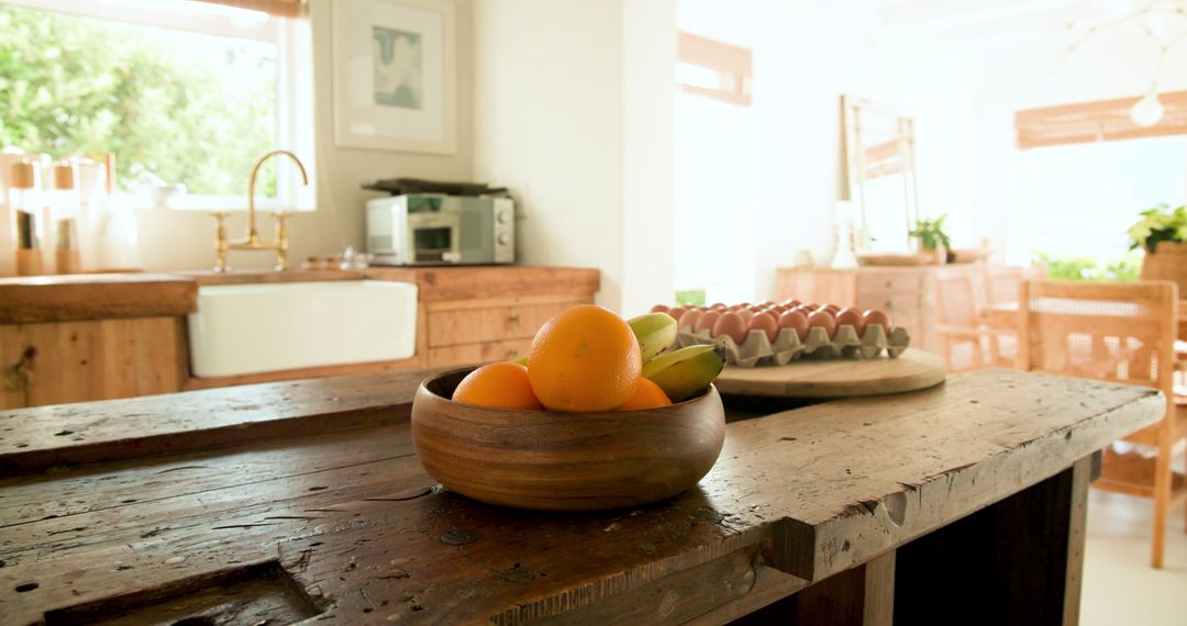 Rustic Kitchen with Fresh Fruit Bowl on Wooden Countertop