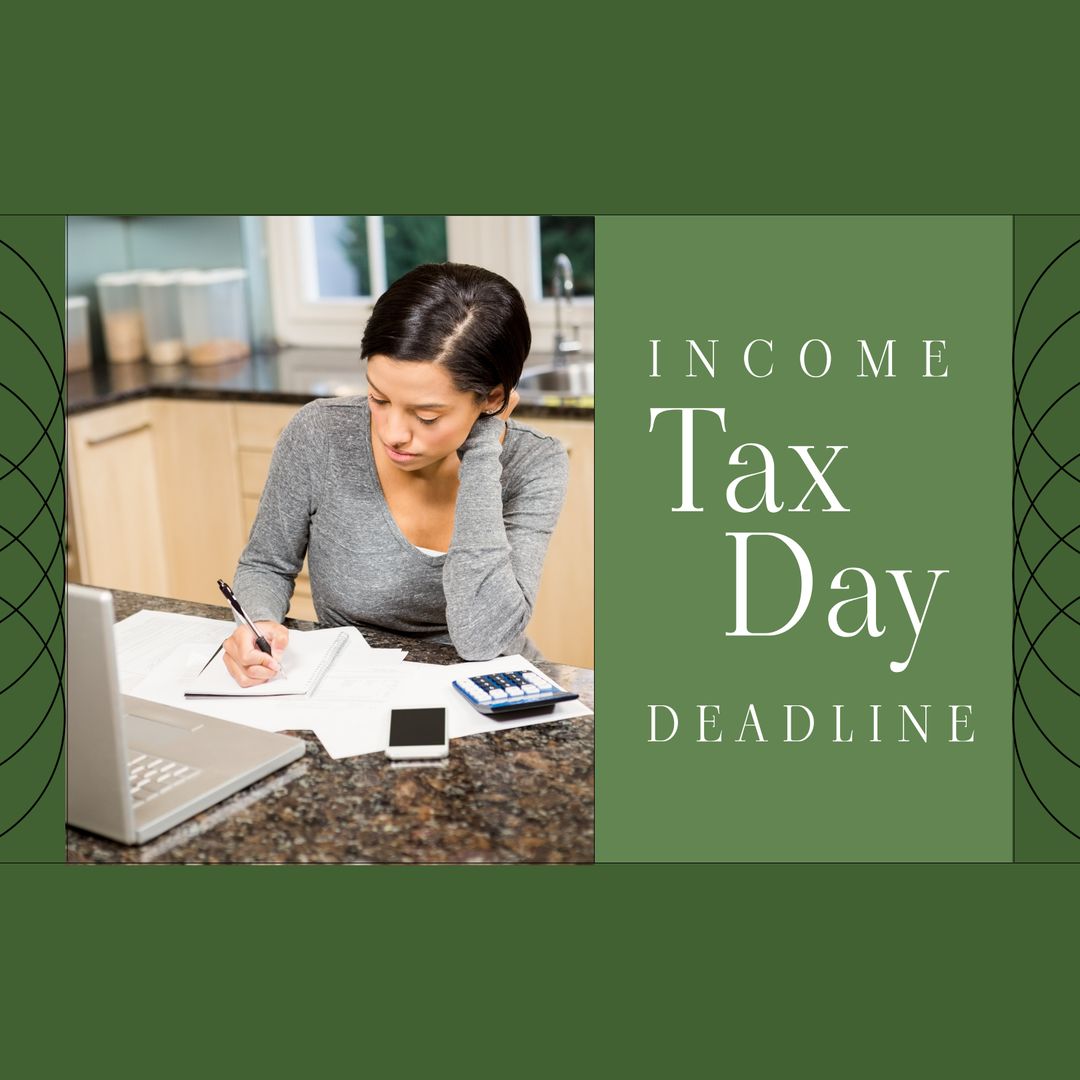 Woman Filing Taxes with Calculator on Income Tax Day