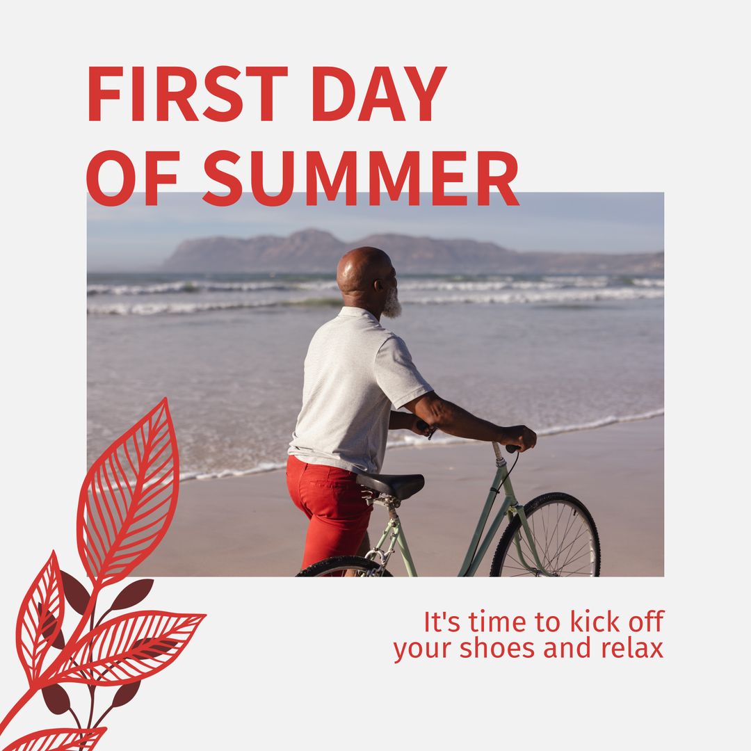 First Day of Summer Senior Man Enjoying Beach with Bicycle