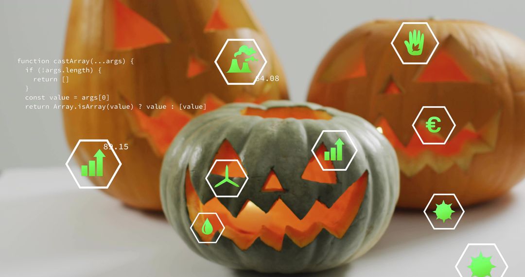 Tech Halloween jack-o'-lantern glowing with green hex HUD overlays, data charts and code