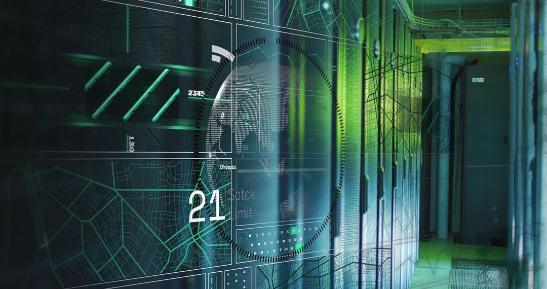 Futuristic Tech Overlay in Modern Server Room Corridor