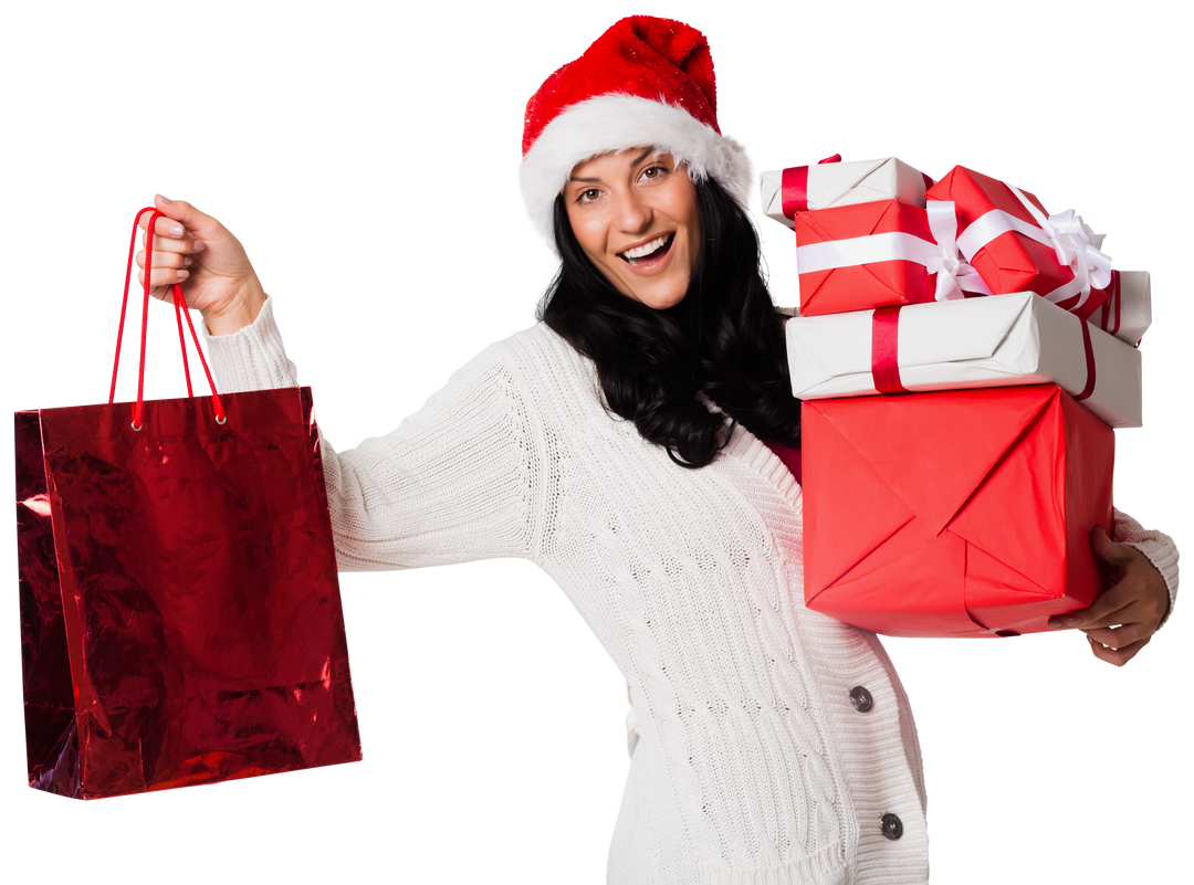 Joyful Woman Holding Christmas Gifts in Santa Hat - Download Free Stock Images Pikwizard.com