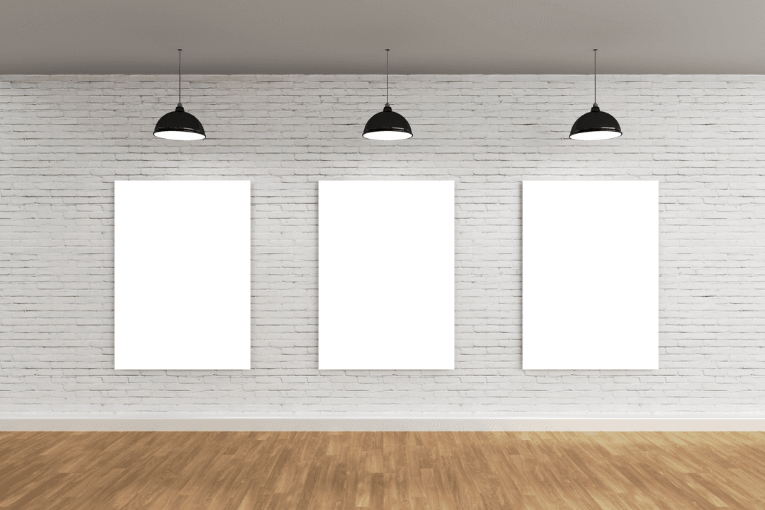 Three Blank Posters on Brick Wall in Room, Ready for Transparent Mockup