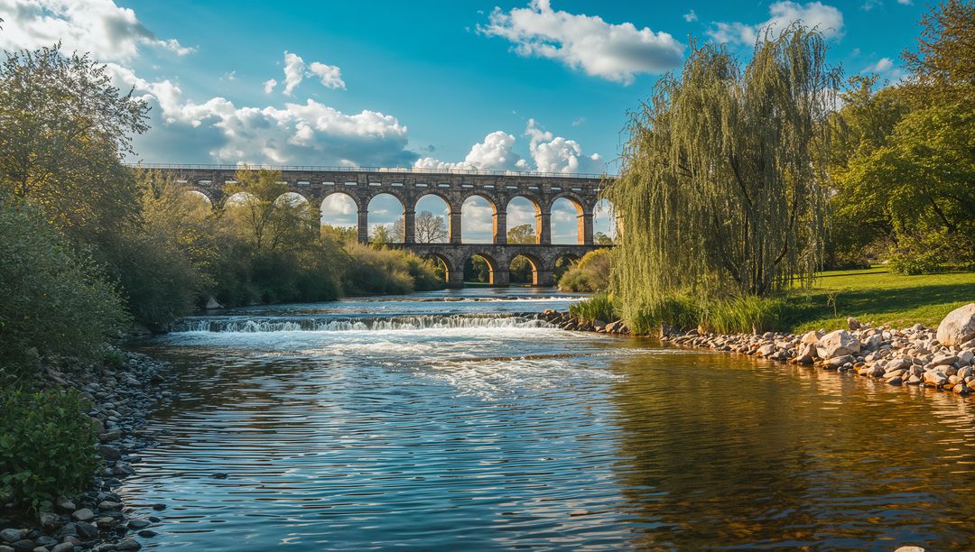 Stone Viaduct Arching over River with Willow and Rocky Shoreline, Reflective Tranquil Scene