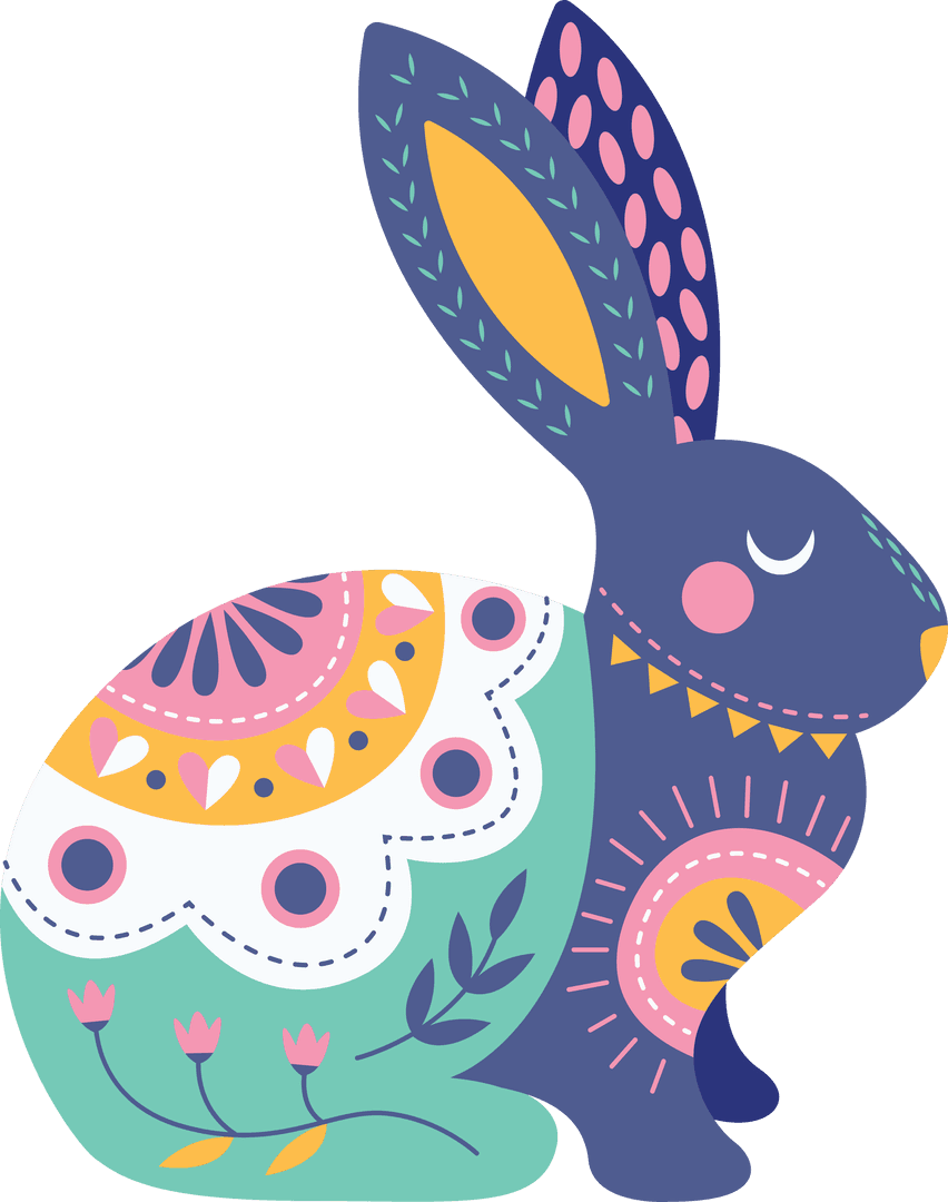 Decorative Rabbit Illustration with Vibrant Patterns on Transparent Background