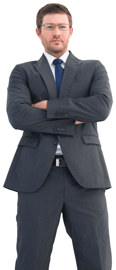 Transparent Confident Businessman in Suit with Arm Crossing Gesture