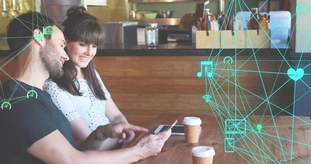 Young Couple Enjoying Coffee with Tech Icons Overlay