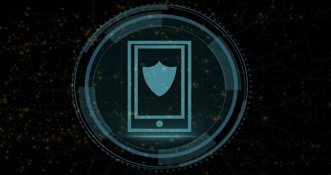Cyan Shield Icon on Device with Digital Network Background