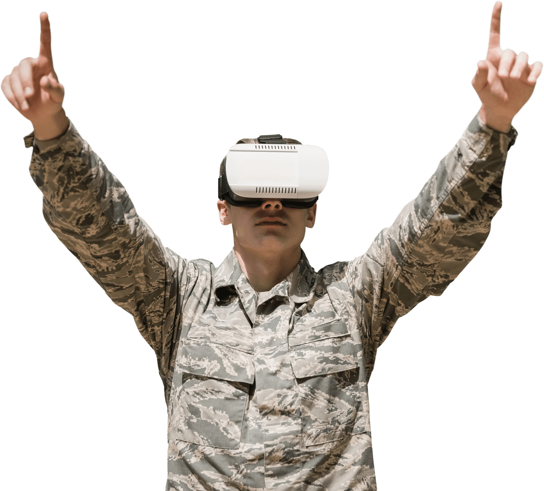 Transparent Army Soldier Gesturing with Virtual Reality Glasses