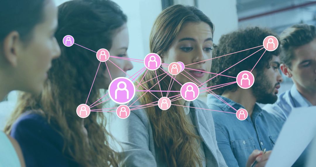 Young Professionals Collaborating with Digital Network Graphics