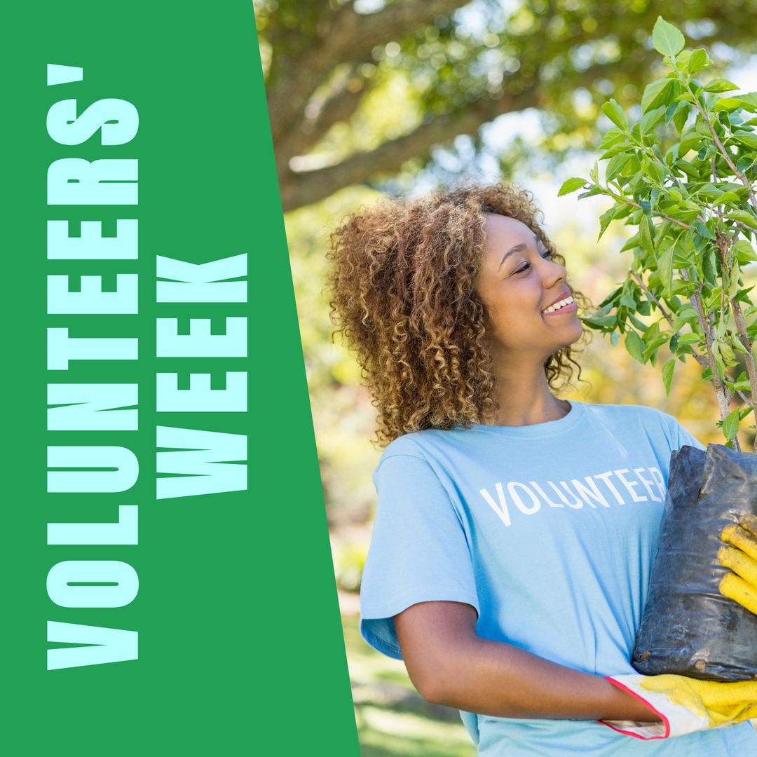 Volunteer Week Celebration Featuring Smiling Woman with Sapling
