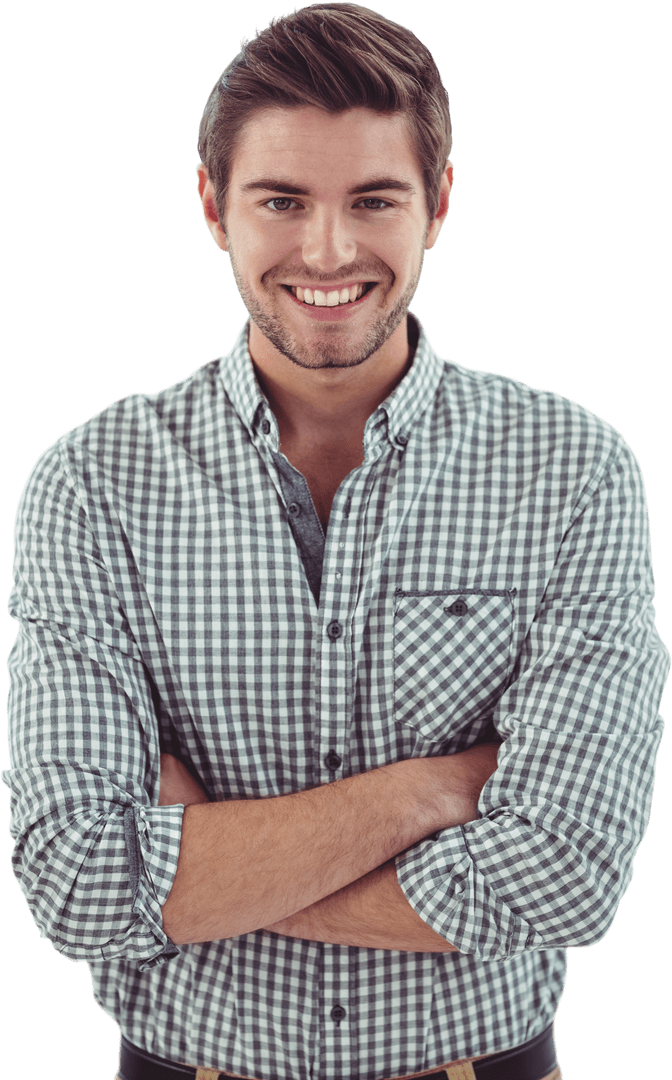 Smiling Young Man Showcasing Casual Confidence on Transparent
