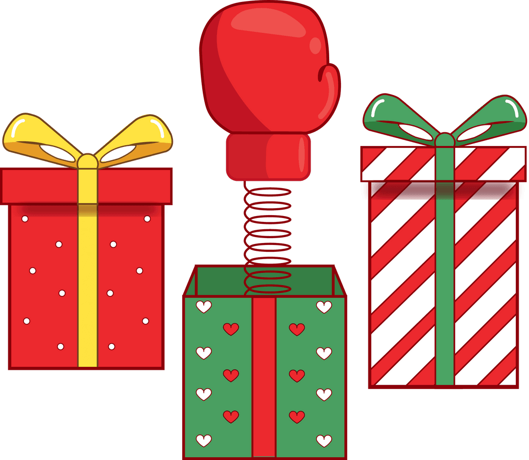 Colorful Gift Boxes with Springing Boxing Glove on Transparent Background