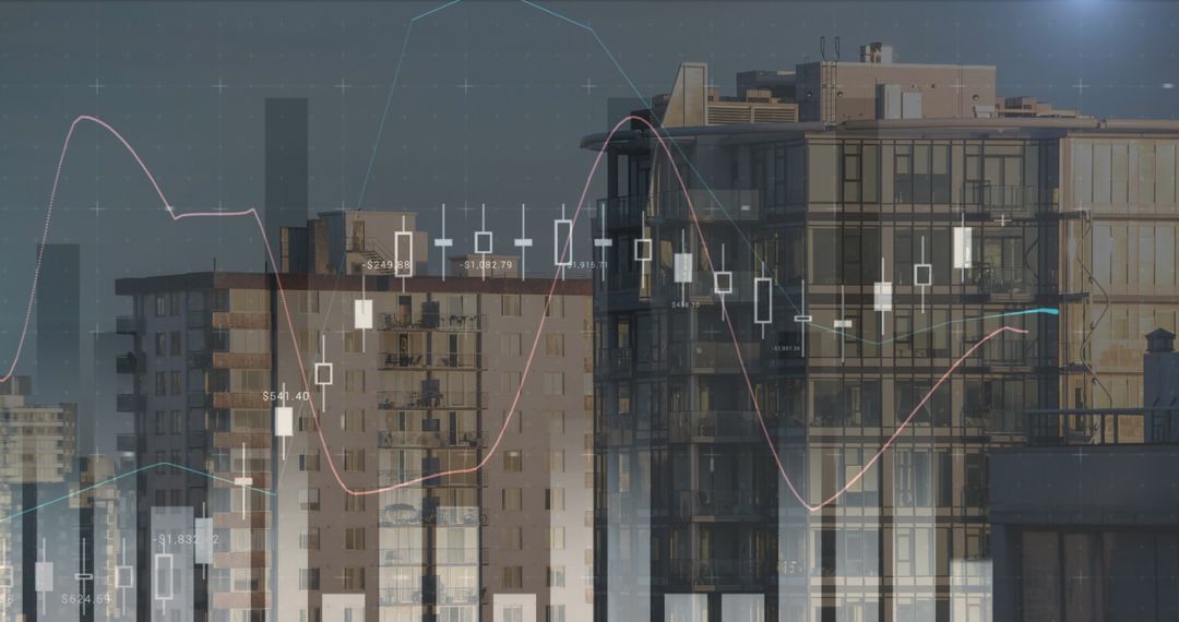 Modern Financial Graphs Overlapping Urban High-Rise Buildings