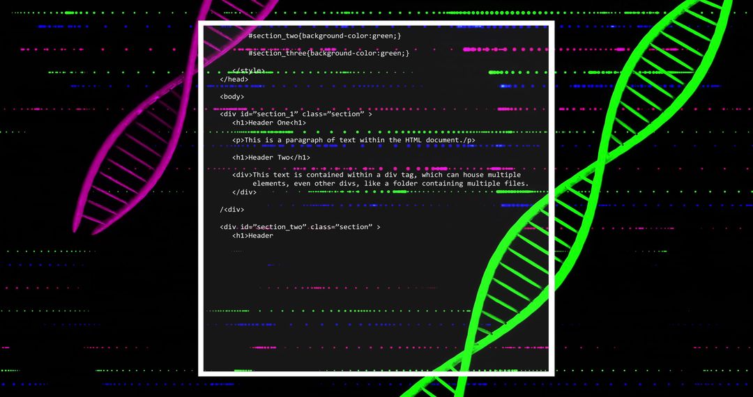 HTML Code Overlaid on DNA Helix Representing Tech-Genetic Fusion